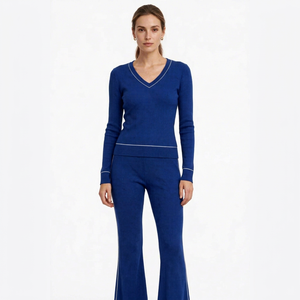 Women's Navy Blue Ribbed Knit V Neck <b>Long</b> Sleeve Top and Flare Pants Set with Contrast Trim - Product Image 1