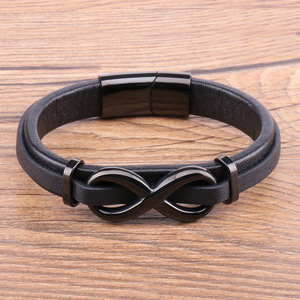 Bracelet Infinity en cuir PU noir, alliage de zinc plaqué or, unisexe, chaîne classique, bracelet cadeau - Product Image 2