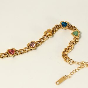 Y2K Trend Multicolor Heart <b>Crystal</b> Cuban Link <b>Bracelet</b> Waterproof Anti-fade Gold Stainless Steel Thick Chain <b>Bracelet</b> - Product Image 5