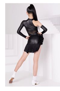 Sexy Vestido Negro de Baile Latino de una Manga Borlas Transpirables Disfraz de Samba Chachachá para Niños Competencia y Entrenamiento de Baile - Product Image 5