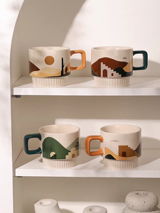 Fournisseur en gros de Chine, tasse en céramique en grès à motif de dessin animé, écologique, compatible lave-vaisselle et micro-ondes, tasse à café à poignée carrée - Product Image 4