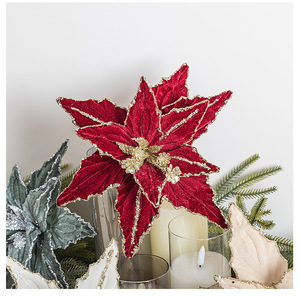 Bunga Natal Mewah Terlaris 26CM, Kain Beludru Payet Merah Emas, Bunga Artifisial untuk Dekorasi Pohon Natal Luar Ruangan - Product Image 1