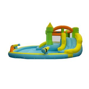 Château gonflable aquatique familial pour jardin avec tunnel ludique et long toboggan incurvé sécurisé - Product Image 1