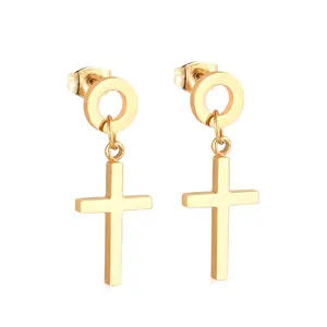Custom Gold Plated Stainless Steel Cross Shape Drop Earring Women African Jewelry Stud Earring