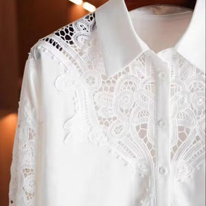 Chemisier blanc en coton brodé de sequins ajourés, design de marque de luxe, tendance pour femme, manches longues, coupe ample, décontracté, vente en gros - Product Image 1