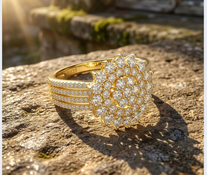 Luxury Women's <b>Gold</b> Plated 925 Silver Moissanite <b>Cocktail</b> <b>Ring</b> Round Brilliant Cut Pave Setting Flower Shape Wedding Jewelry - Product Image 5