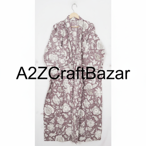 Robe kimono de luxe pour femmes, élégante, romantique, à imprimé floral, respirante, à manches longues, col en V, fermeture à ceinture, douce, 100% coton, faite à la main - Product Image 1