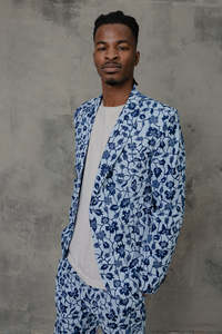 Cuello ajustado con estampado floral y blazer azul y azul marino para hombre, medio pecho con lienzo, estampado africano, blazer a medida, medio pecho con lienzo - Product Image 2