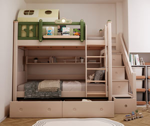Двухъярусная кровать для детей, из массива дерева, лесная серия, зеленая и белая кровать с ограждением, двухъярусная кровать, двухместная роскошная мебель для спальни - Product Image 1