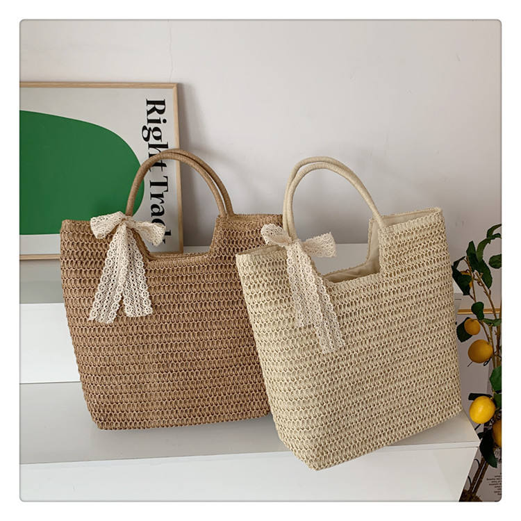 Beach Shoulder Bag Woven Tote Bag Straw Vegetable Basket Scarf Bowknot  Women's Beach Bag