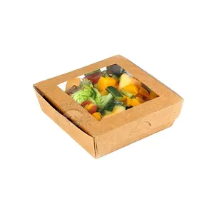 HAPPYPACK Supply Kotak Kertas Diambil dengan Jendela Sekali Pakai Kemasan Makanan Wadah Warna Kustom Kotak Salad Logo Warna Gratis Sampel