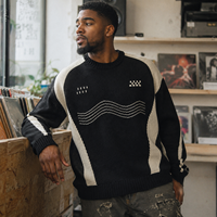 Pull en tricot à col rond à manches longues pour homme, motif géométrique à blocs de couleur rétro, style raglan