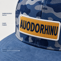 Casquette de baseball personnalisée à visière plate, motif camouflage bleu, 6 panneaux, snapback, patch brodé jaune, réglable, vente en gros, OEM, faible MOQ