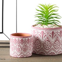 Pot de fleurs en céramique cylindrique en terre cuite à motifs géométriques sculptés à la main pour plantes succulentes, décoration de jardin intérieur et extérieur