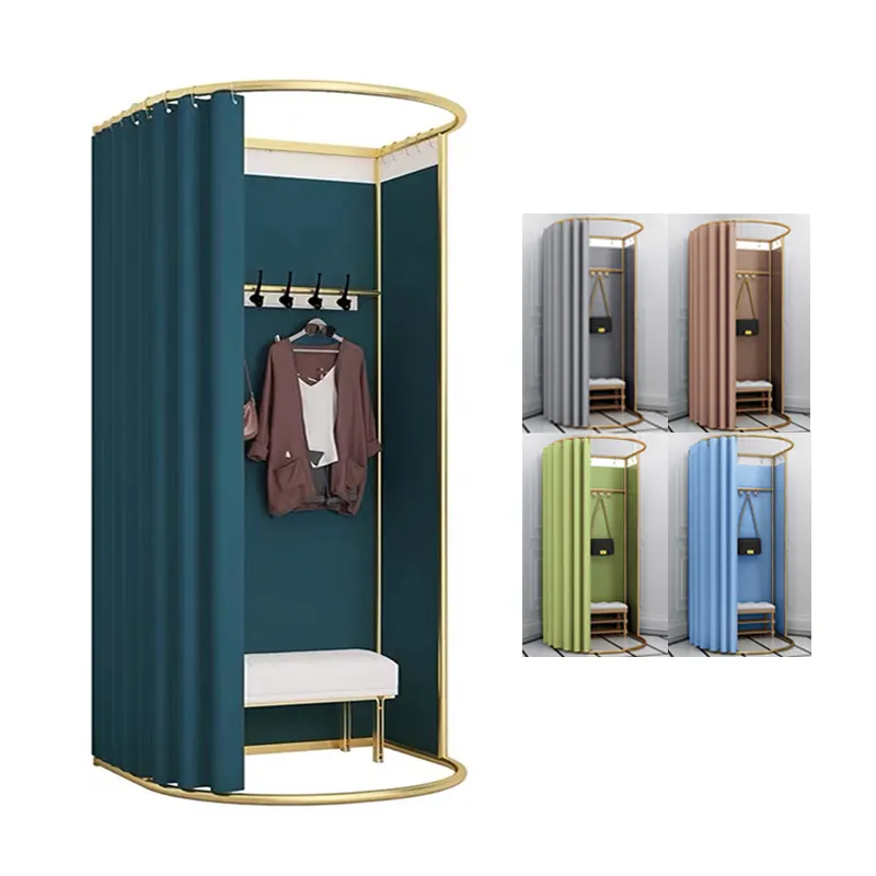Clothing Store Boutique Metal Movable Portable Fitting Room Luxury Changing Room Movable Golden Dressing Room with Curtain
