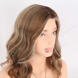 Precioso marrón con reflejos rubios atado a mano sin pegamento seda superior onda suelta Bob peluca lujo hombro longitud doble dibujado peluca - Product Image 3