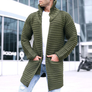 Cárdigan para hombre de color sólido, cuello alto, manga larga, suéter de punto, verde militar, tallas M, L, XL, XXL, ropa juvenil. - Product Image 1