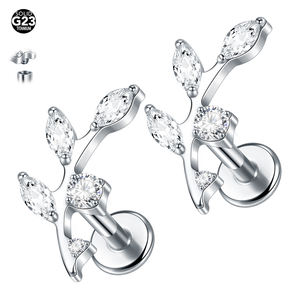 Boucle d'oreille en titane Lingchee ASTM F136 16G avec feuilles en CZ, filetage interne, feuille, hélice, cartilage, conque, dos plat, <span class=keywords><strong>piercing</strong></span> - Product Image 1