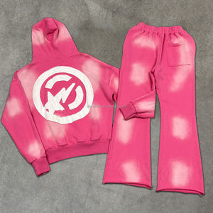 À la mode brodé lourd survêtement survêtement coton français Terryacid lavage fermeture éclair à capuche et jambe large pantalon de survêtement ensemble - Product Image 5