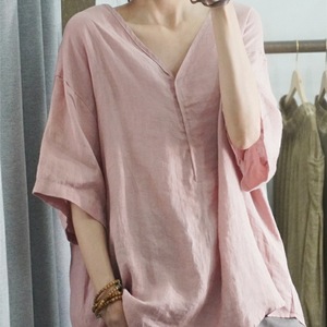 Camisa feminina casual de manga curta Muguyu, tamanho grande, blusa de algodão e linho com ajuste solto 260604179 - Product Image 2