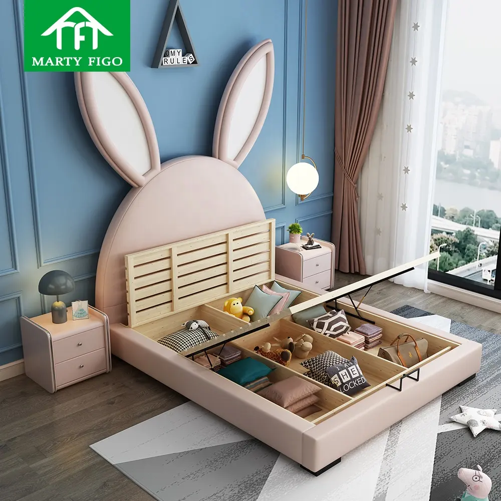 Leather Fabric Cartoon Theme Headboard Ottoman Gas Lift Kid Sleep Mattress Wooden Frame Wood Platform Up-holstered Children Beds