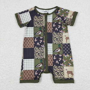 Mono de bebé de manga corta con cremallera verde, estilo caza, con diseño de pato mallard y ciervo, para niños, ropa de bebé de boutique, venta al por mayor, alta calidad, gran oferta - Product Image 1