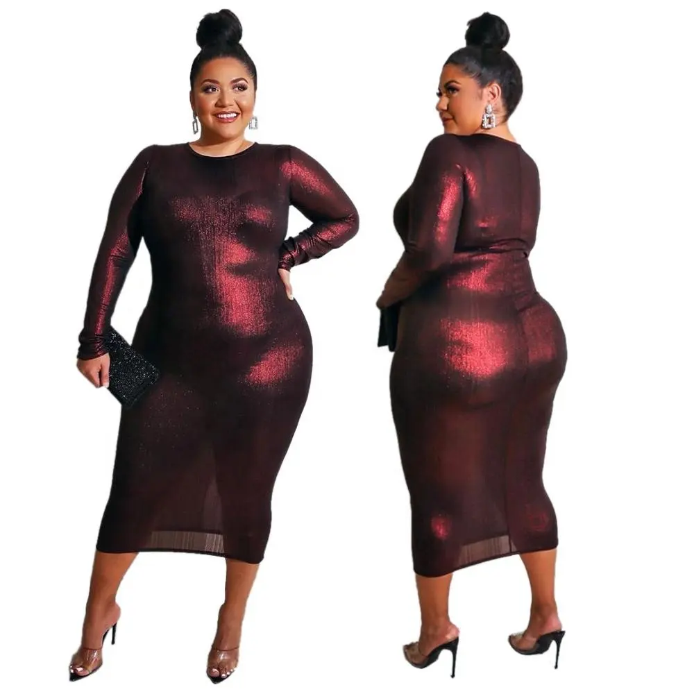Nouveau design plus taille pour fat femmes vêtements tailles XL-5XXL dîner robes à manches longues vin rouge chaude or automne nuit robes