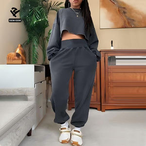 Ensemble de survêtement deux pièces pour femmes avec logo personnalisé, haut court rose, veste bomber zippée, sweat-shirt, cardigan, pantalon large, survêtement - Product Image 1