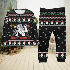 Ensemble de pyjamas personnalisés Noël « Hail Santa » style rock noir, tenues assorties pour la famille, supporte le dropshipping 1 pièce POD, conception gratuite - Product Image 3