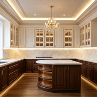 Armoires de cuisine classiques en bois de noyer avec finition de luxe en marbre blanc crème et moulures décoratives pour projets sur mesure en gros