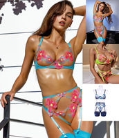 Lingerie néon à coupe ouverte, sous-vêtements Sexy trois pièces, Lingerie en dentelle solide pour femmes, sous-vêtements gothiques intimes