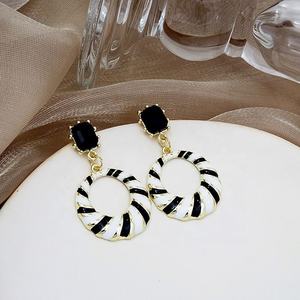 Fashion Leopard Print <b>Gold</b> Plated Zinc Alloy Women's Drop <b>Earrings</b> <b>Black</b> White Striped Accessories Big Circle Hoops Geometric - Product Image 3
