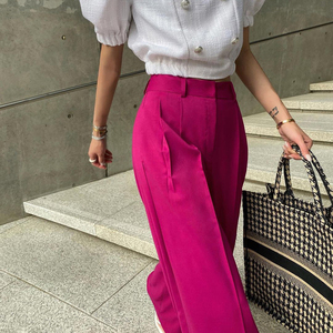 Abiti da donna pantaloni coreani di moda rosa pieghettati da ufficio Casual a vita alta pantaloni larghi da donna - Product Image 3