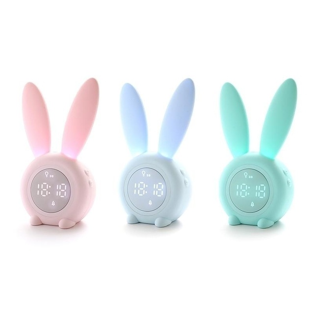 Cartoon LED Digital Alarm Clock with Electronic Display Sound Control Rabbit Night Lamp Desk Plug-In Solar Powered Clock