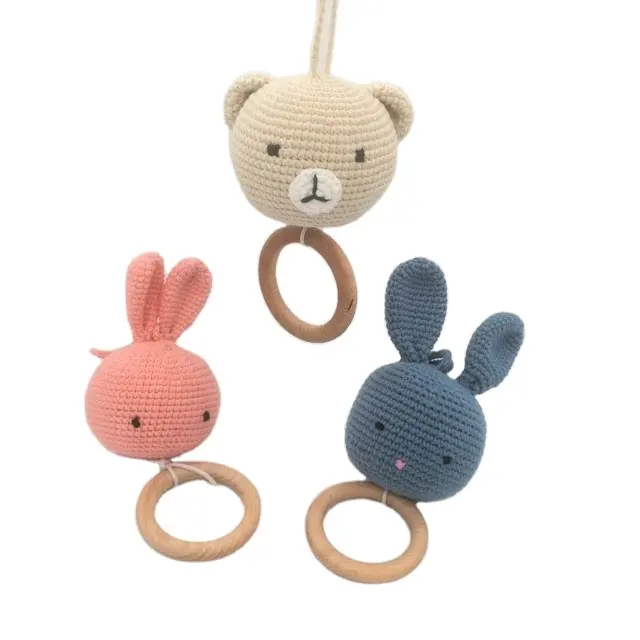Handmade Yarn Craft Crocheted Amigurumi Bear Animal Design Music Box for pull with Baby Beech Teeth Wooden Ring