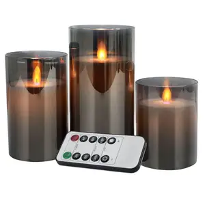 Factory Direct 2022 Home Glass Flameless Set Light Led Candle Remote Control Luxury Candles In Grey Glass Cup