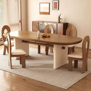 Cream Colored Solid Wood Oval <b>Dining</b> <b>Table</b> And Chair Set 6 Piece Durable Stain Resistant <b>Dining</b> Room Set - Product Image 1