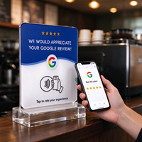 Plaque NFC Google Tap Review en acrylique transparente 12x12cm, support de table, puce NTAG213, sans adhésif au dos, pour carte de visite, usage hôtelier, 5 étoiles