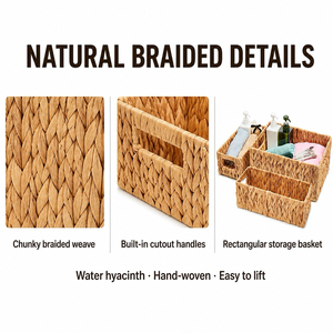 Set di 3 Cesti Portaoggetti Rettangolari Intrecciati con Manici in Fibra Naturale, Organizzatori per Cassetti, Scaffali e Armadi - Product Image 2
