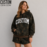 Ensemble 2 pièces streetwear pour femme, imprimé camouflage, sweat à capuche intégral en molleton de coton, coupe oversize, respirant, longueur genou, avec poche kangourou, assorti