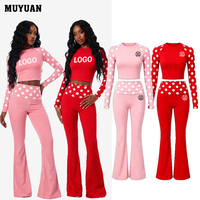 Conjunto de Ropa Romántica Y2K para Mujer, Otoño 2026, OEM ODM, Personalizado, con Estampado de Lunares, Top de Manga Larga y Pantalones Acampanados con Cintura Plegable