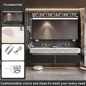 Meuble-lavabo mural <span class=keywords><strong>de</strong></span> luxe moderne gris foncé à double tiroir avec vasque intégrée et armoire miroir LED intelligente anti-buée - Product Image 2