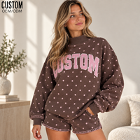 Ensemble short et sweat-shirt à pois pour femme, col montant, appliqué lettres, surpiqûres contrastées, poignets côtelés, logo brodé, style décontracté streetwear
