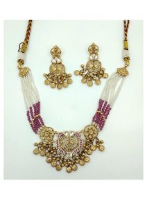 Ensemble de collier ras-de-cou traditionnel plaqué or avec perles roses et boucles d'oreilles assorties, bijoux de mariage pour femmes - Product Image 2