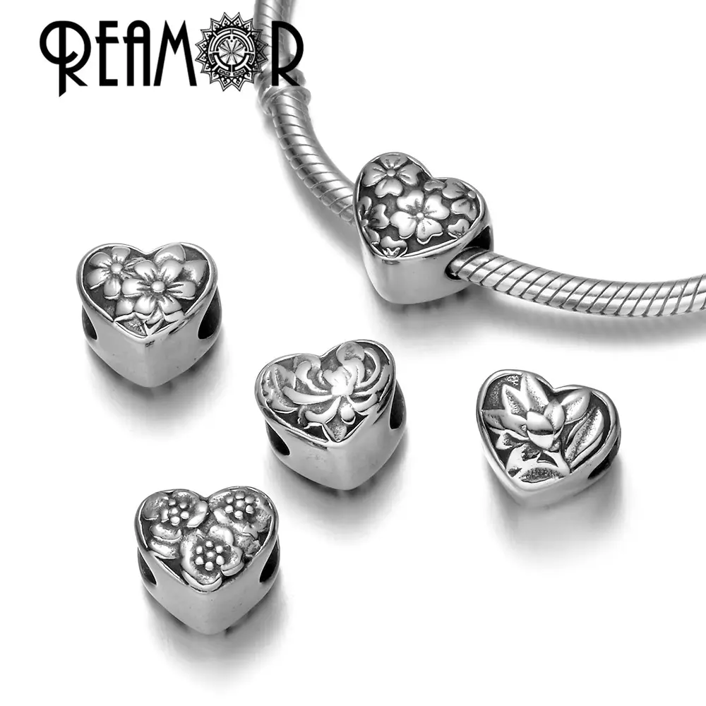 REAMOR 316l Stainless Steel Clover Peach Blossom Lily Flower Heart Shape Metal Hole Spacer Beads DIY For Bracelet Charm Findings