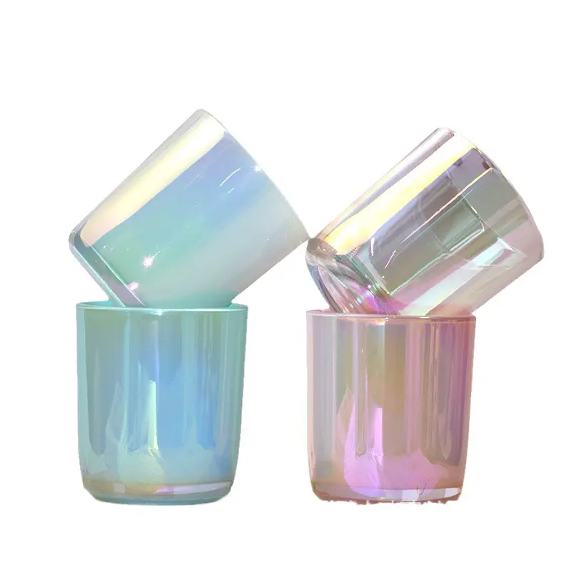 Custom Design Luxury Fashion Iridescent Rainbow Empty Glass Candle Jar Color Luxury Holographic Candle Jar With Lid