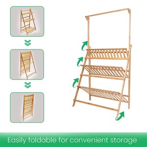 Bamboo 3 Tier Plant Stand <b>Foldable</b> Floor Standing With Hanging <b>Basket</b> For Indoor Outdoor Use - Product Image 5