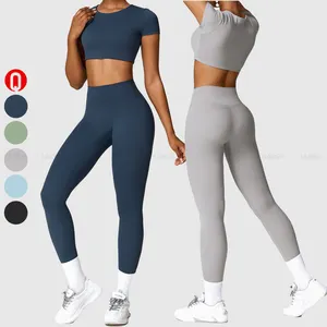 High Quality Tummy Control Fitness Yoga Wear Set Yoga Pants Short Sleeve Crop Top Gym Suit Women Running Tight Sportswear Set