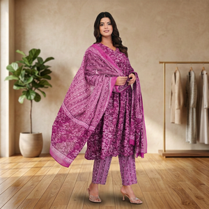 Ensemble Anarkali 3 pièces violet à imprimé numérique pour femme, haut long à col en V, pantalon et dupatta, tenue ethnique en tissu rayonne viscose - Product Image 3