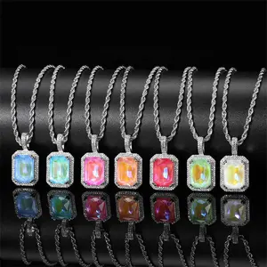 manufacture Solid Square Colored Gem Pendant Accessories Copper Zircon Necklaces Party Trendy Diamond Link Chain Pendant Fashion